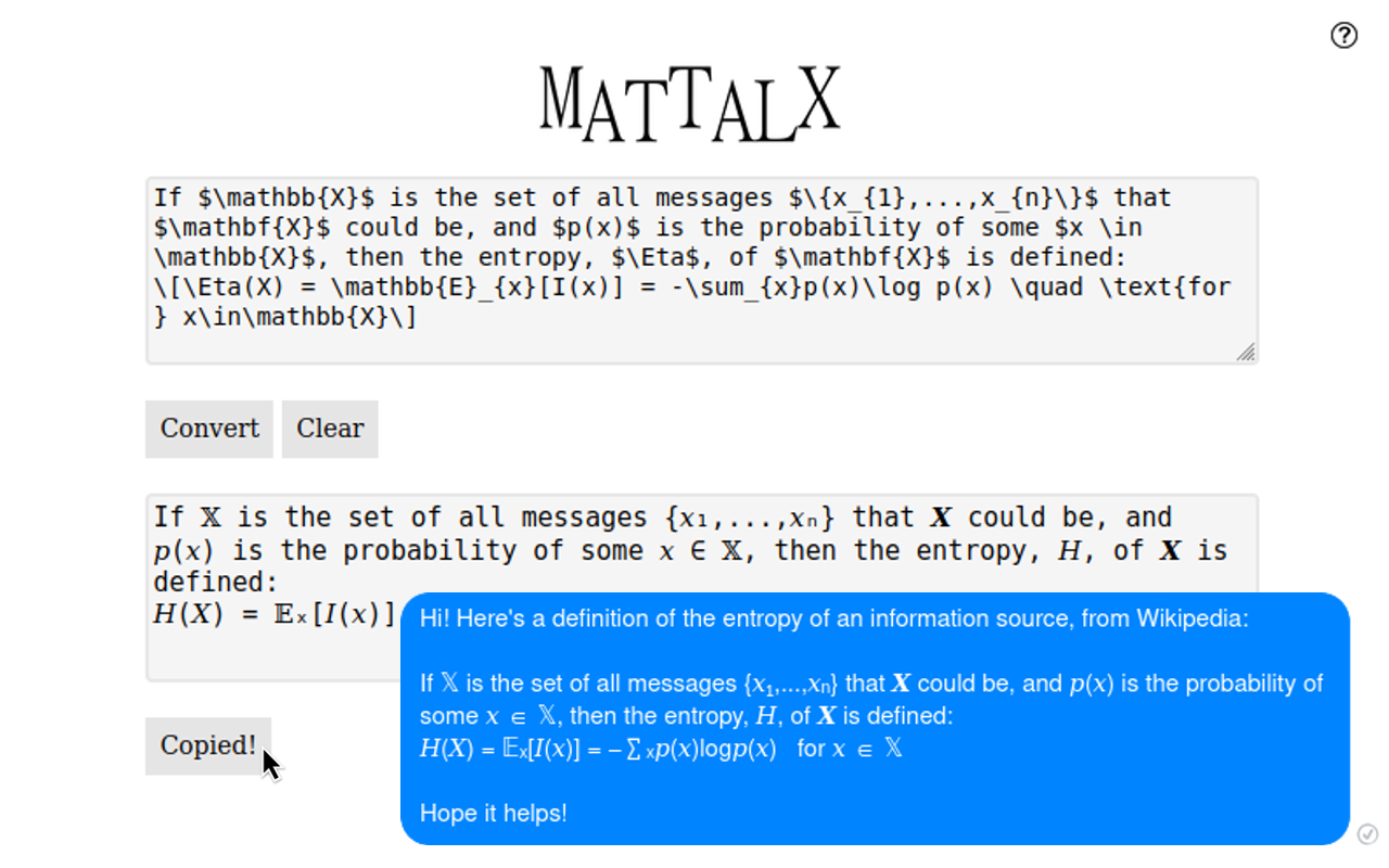 The entropy of a discrete random variable, written in a message