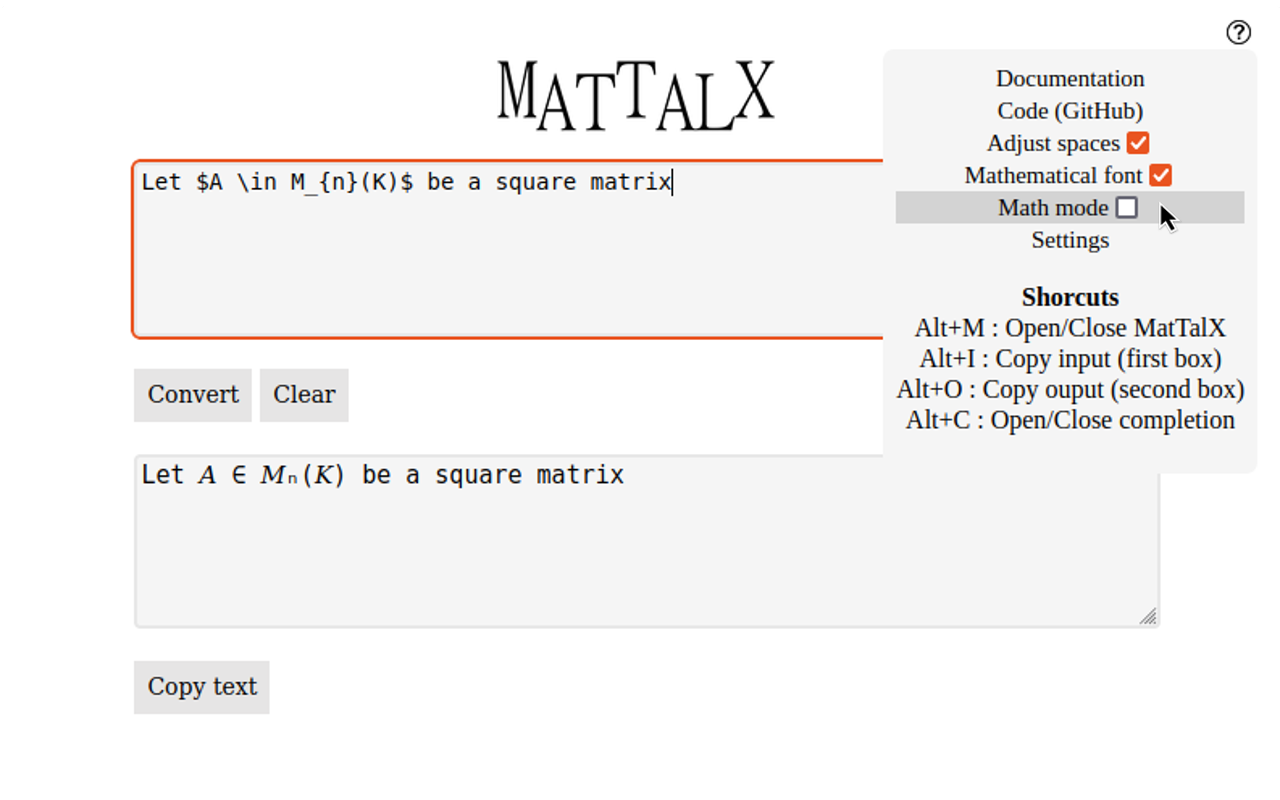 A matrix written with \matrix
