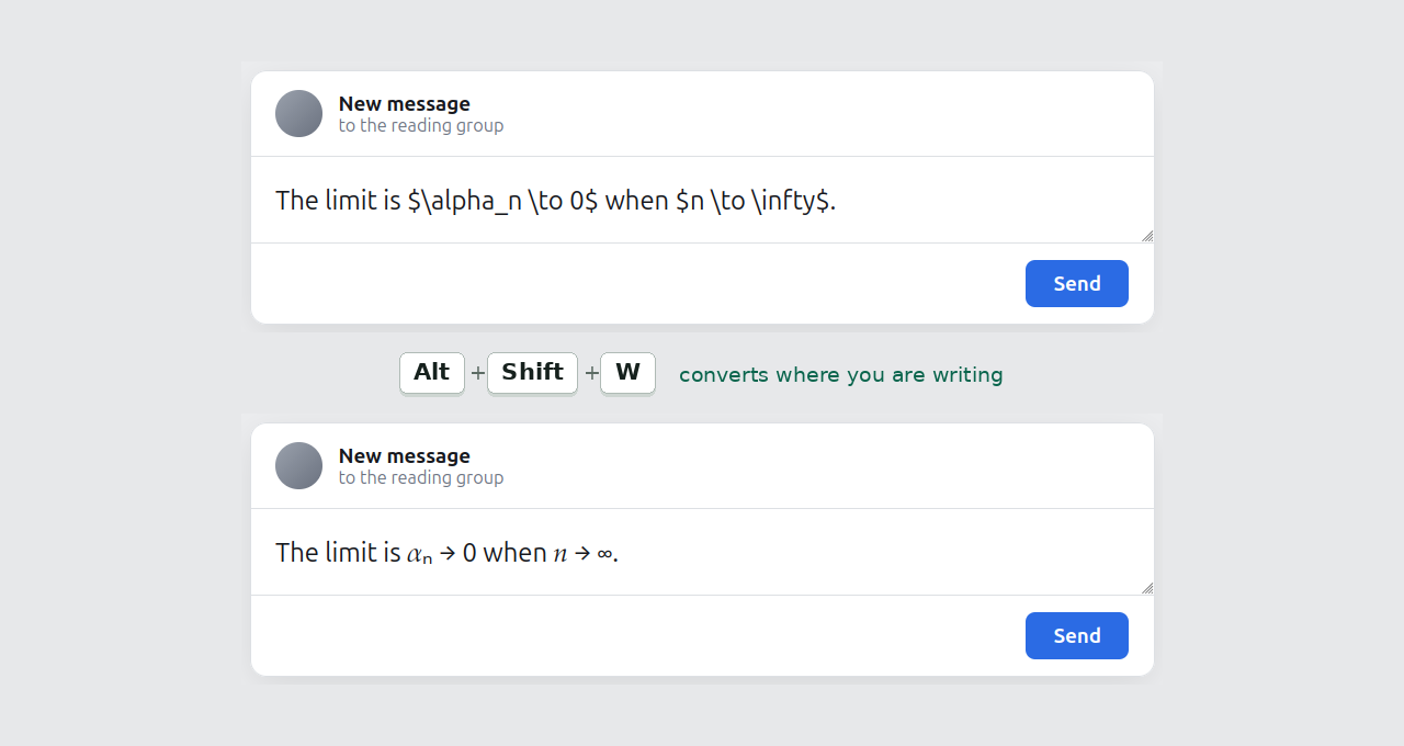 A message reading 'The limit is 𝛼ₙ → 0 when 𝑛 → ∞.', converted from LaTeX where it was written