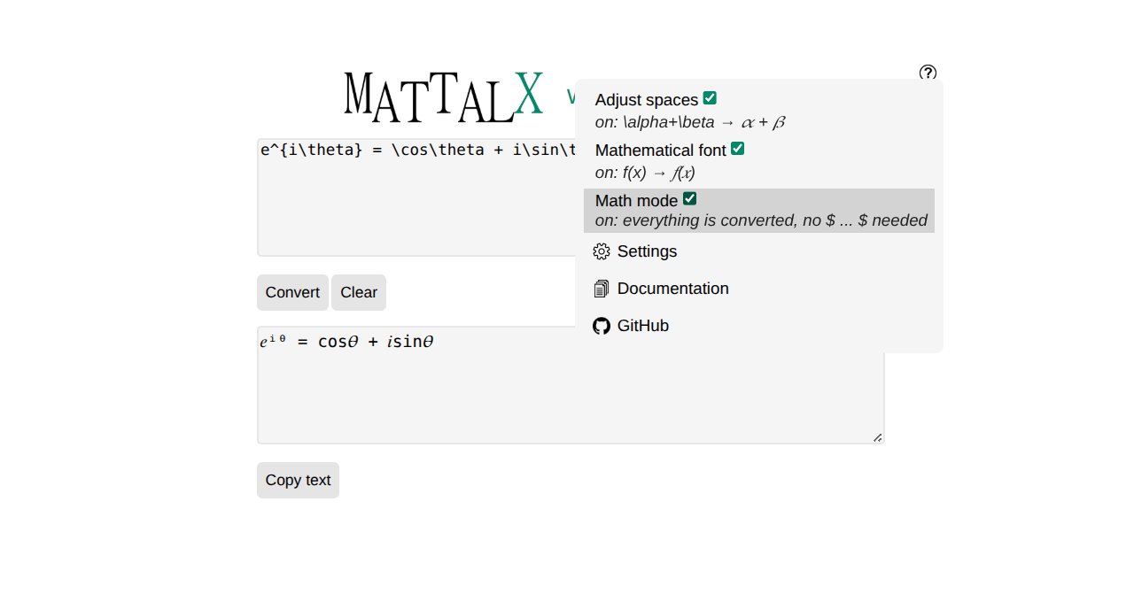 The MatTalX popup: LaTeX in the first box, the converted text in the second